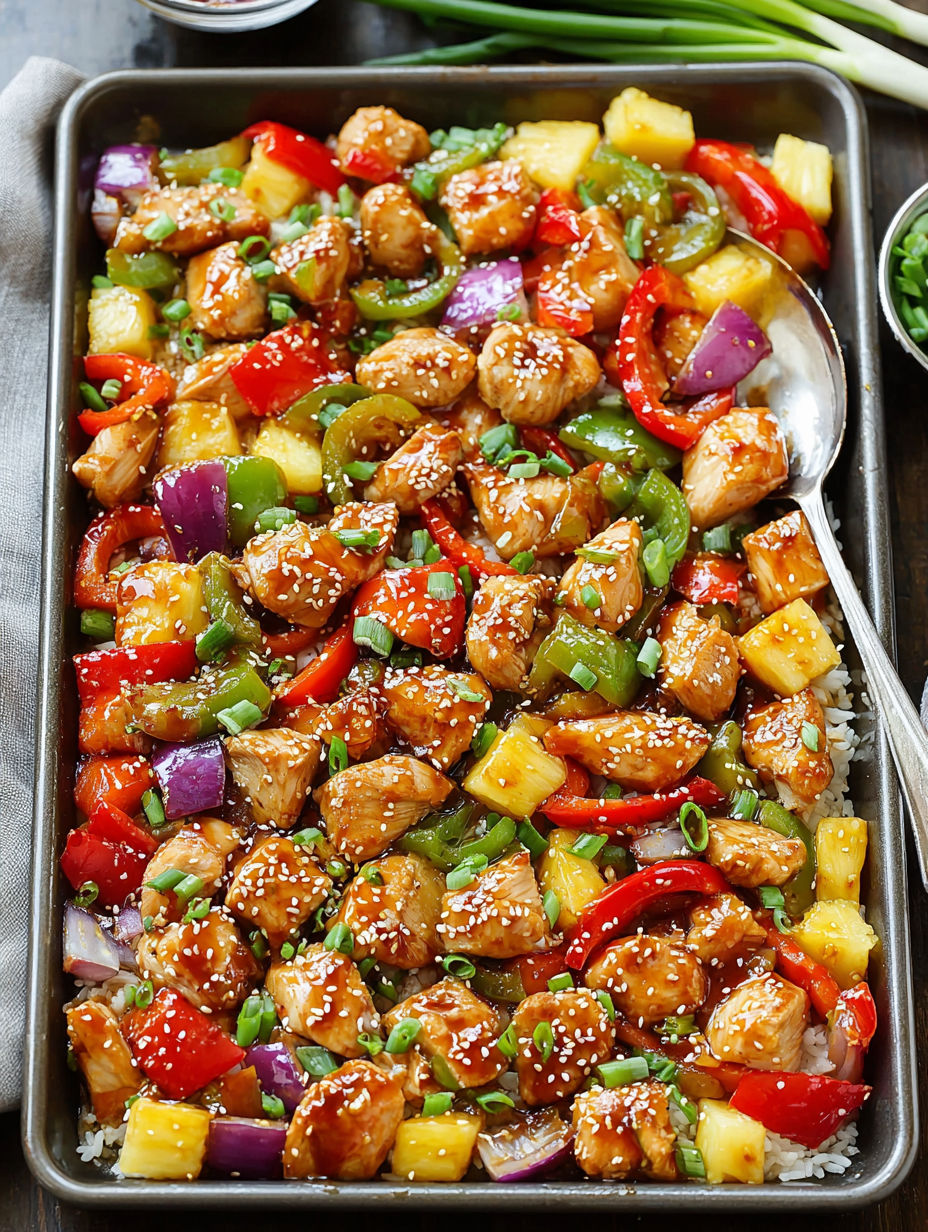 A pan of chicken with peppers and onions.