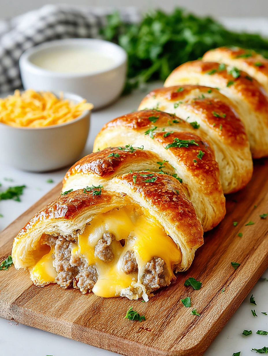 Sausage cheddar crescent rolls on a wooden cutting board.
