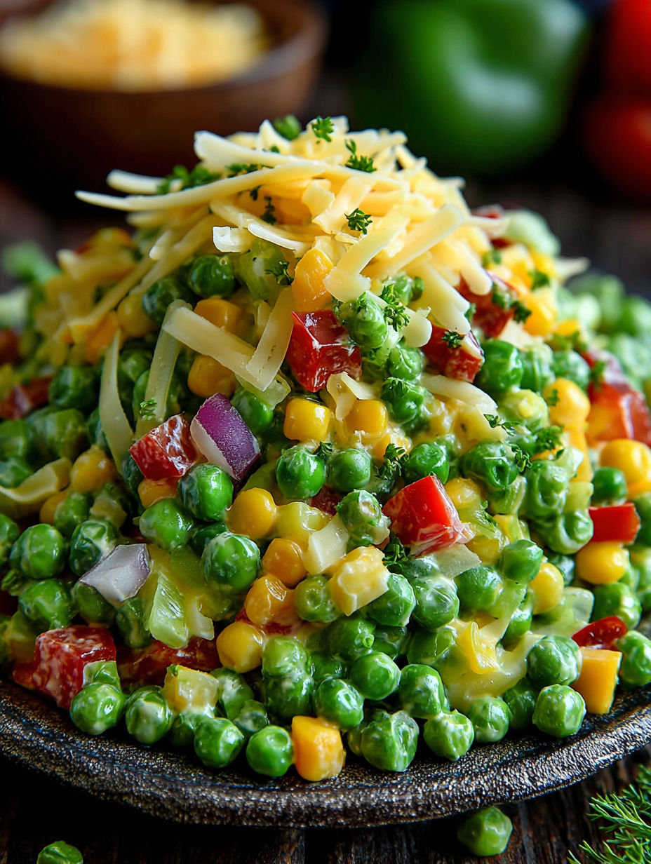 A bowl of food with a variety of vegetables and cheese.