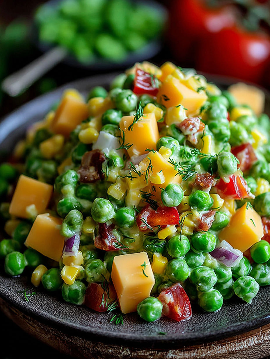 A bowl of food with corn, peas, and cheese.