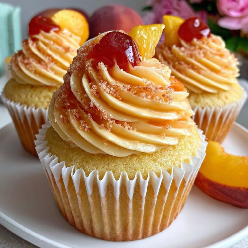 Two cupcakes with peach bellini frosting.