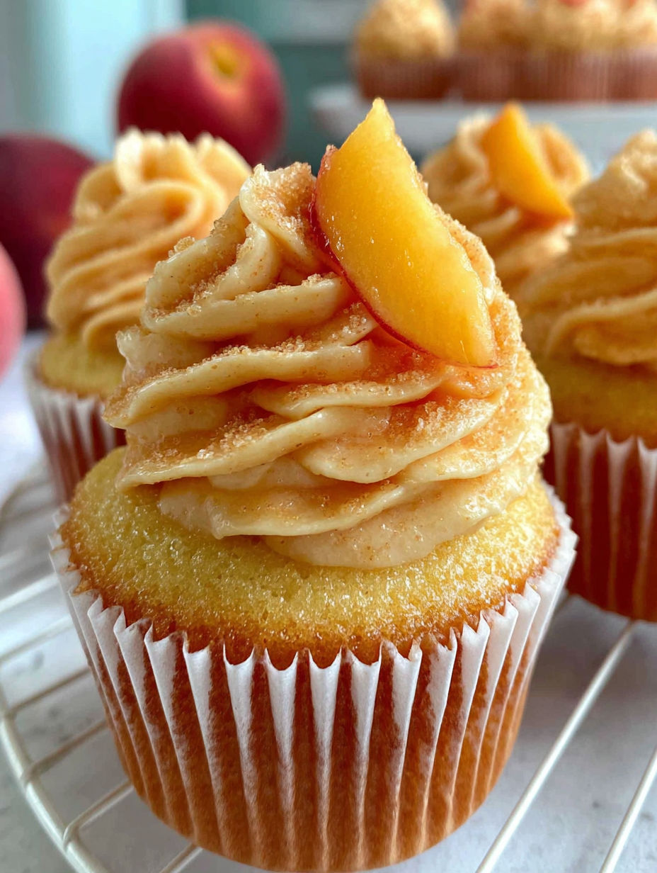 A cupcake with peaches on top.