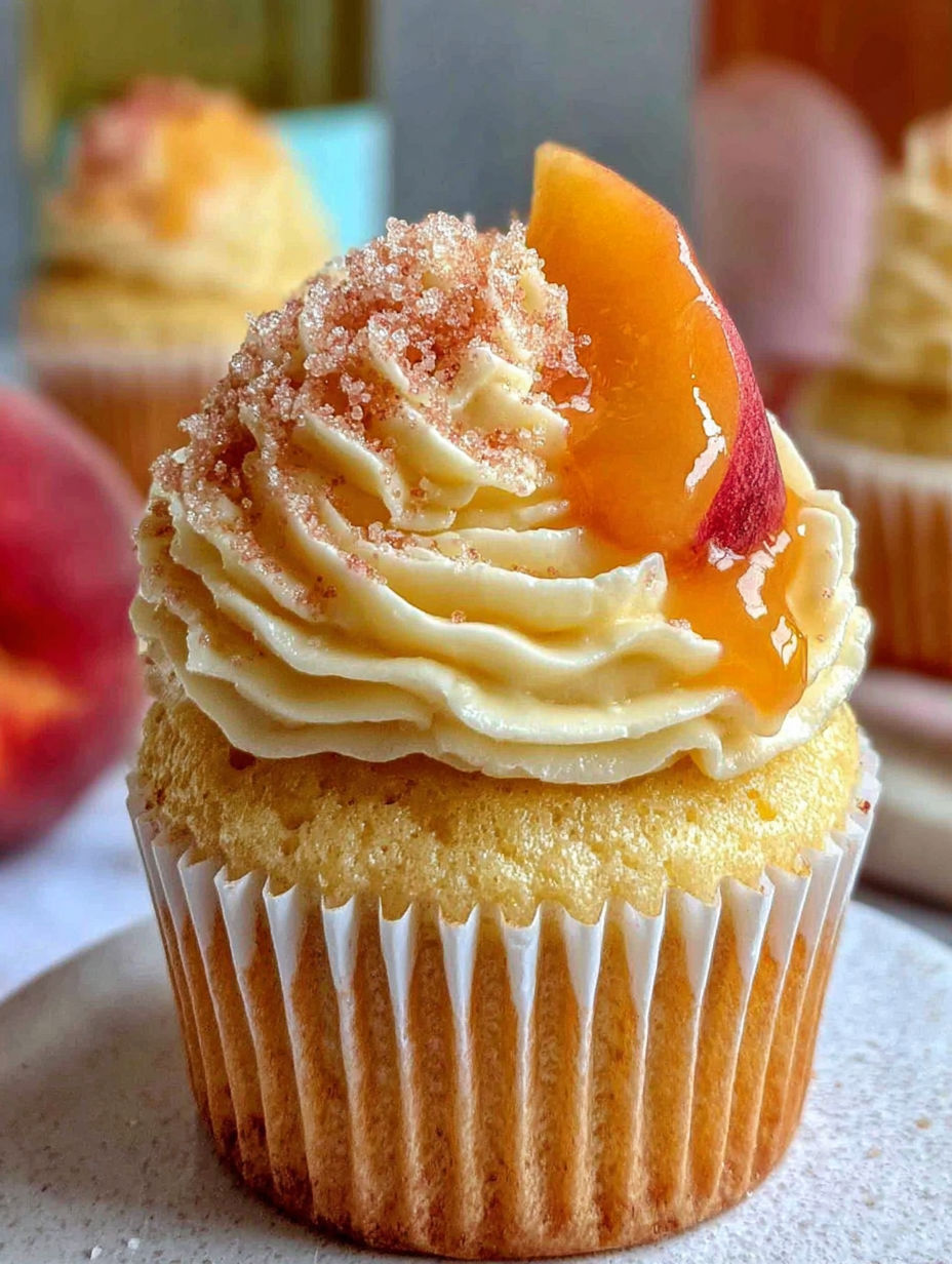A cupcake with a peach bellini frosting.