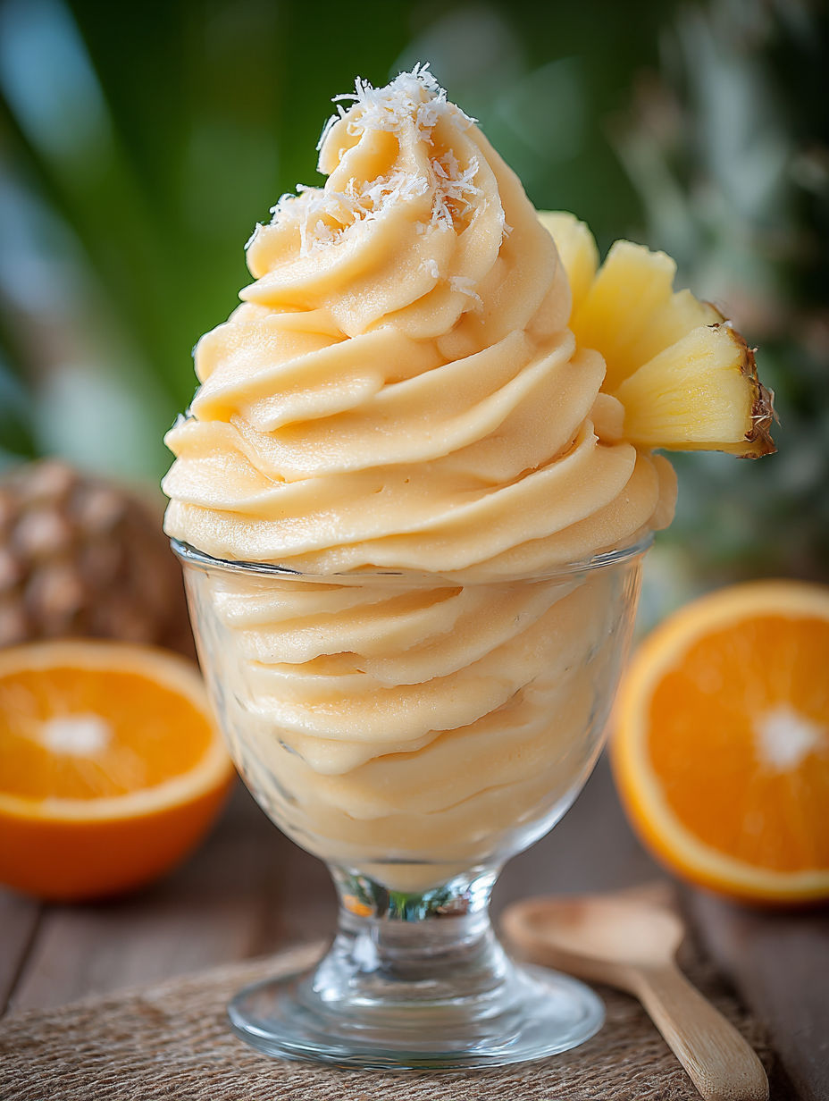 A glass of orange Dole Whip with a pineapple wedge on top.