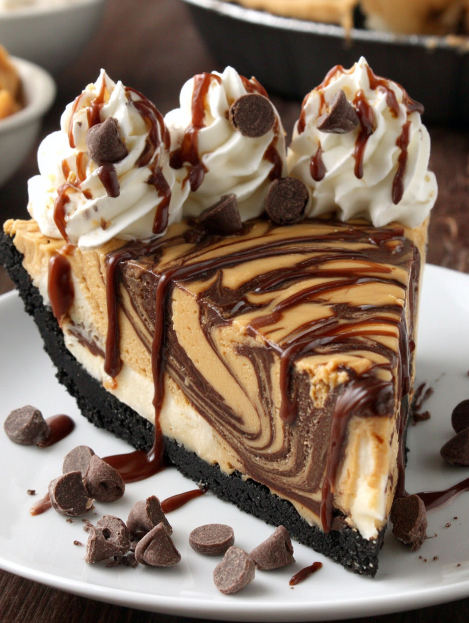 A slice of chocolate peanut butter swirl pie.