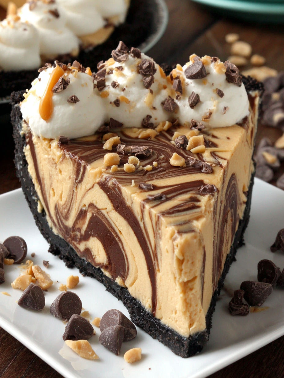 A slice of peanut butter and chocolate swirl pie.