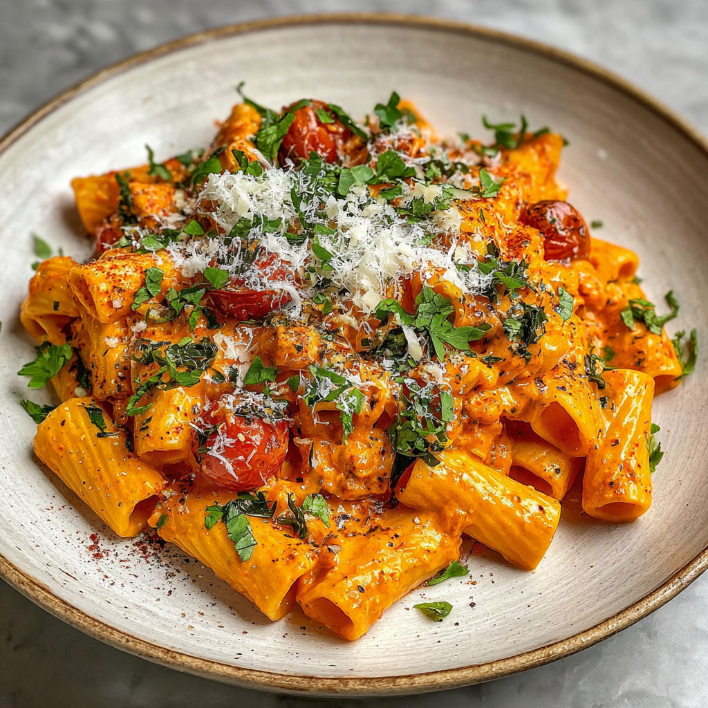 A plate of pasta with tomatoes and cheese.