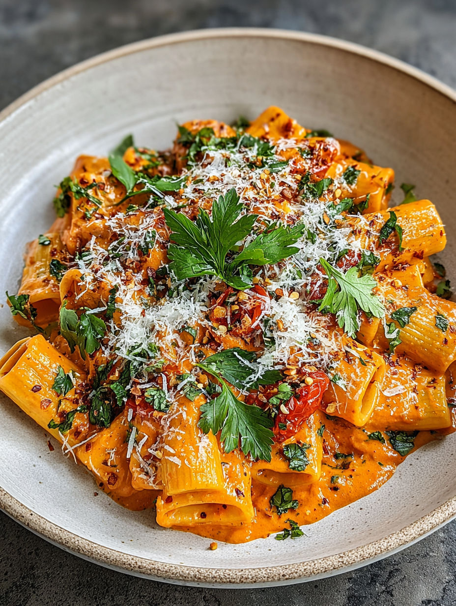 A bowl of pasta with tomatoes and cheese.