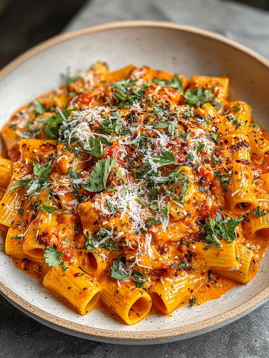 A delicious looking pasta dish with tomatoes and garlic.