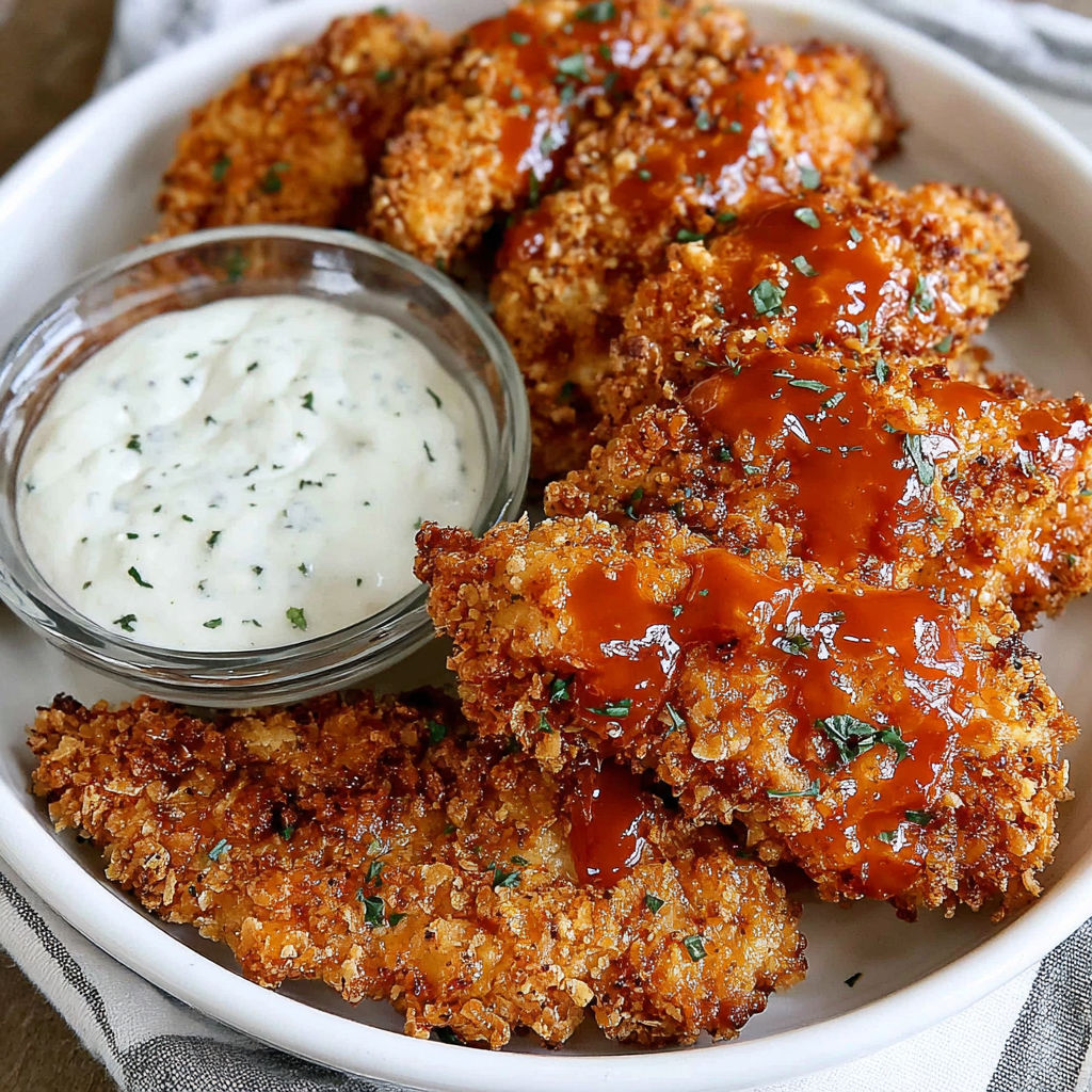 A plate of air-fried honey buffalo chicken tenders.