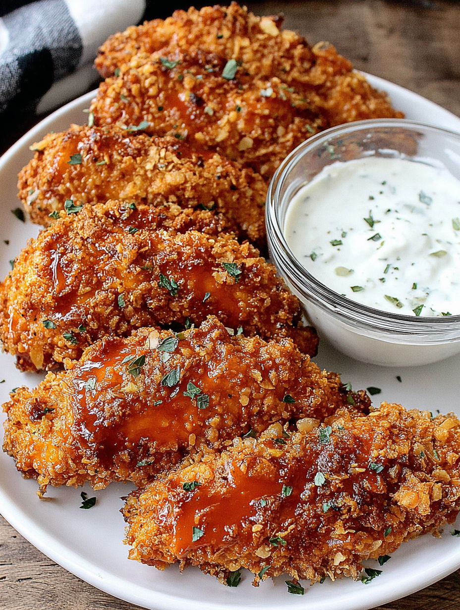 A plate of fried chicken with a bowl of dipping sauce.