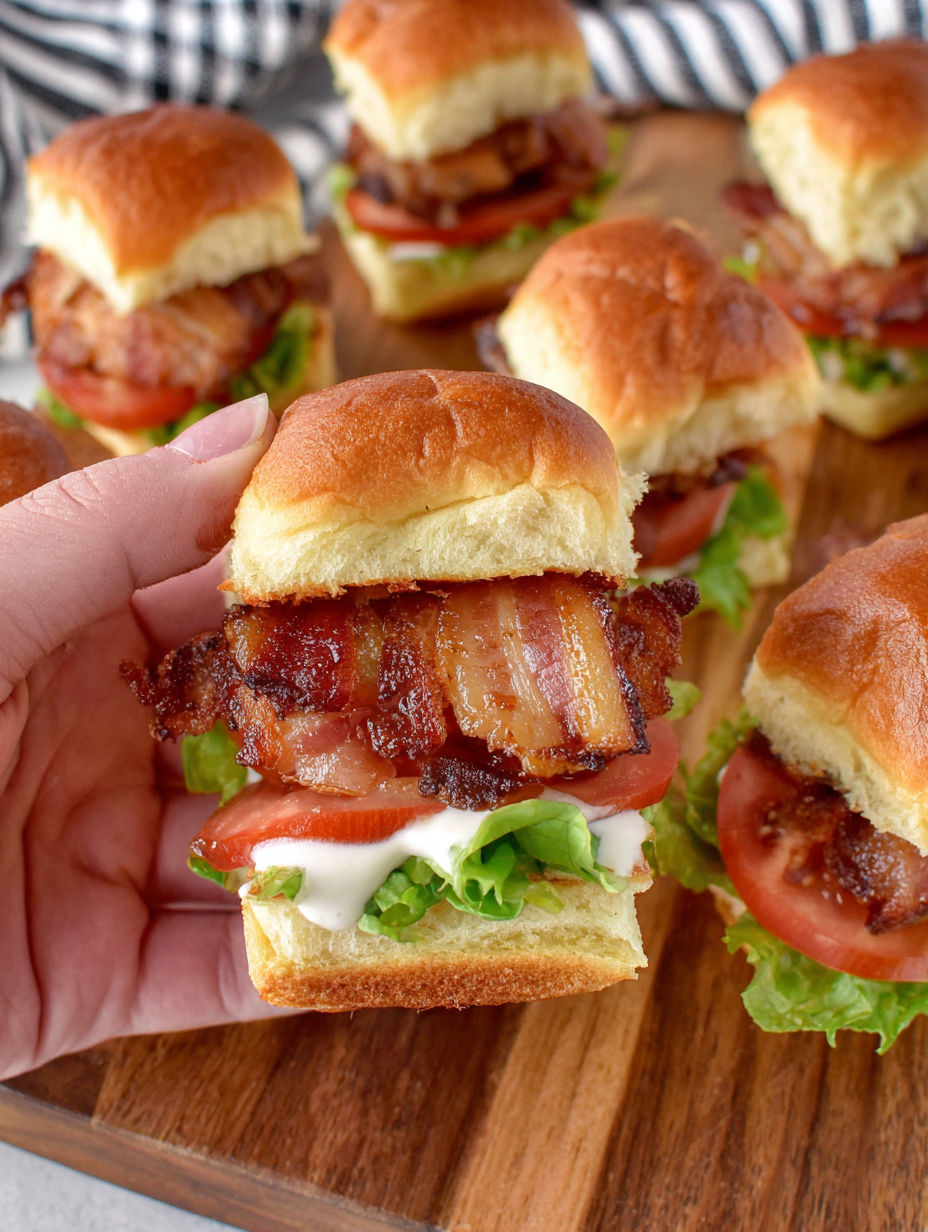 A person holding a bacon BLT slider.