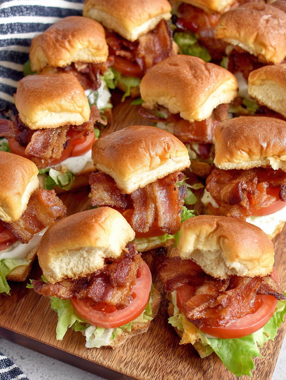 Bacon BLT sliders on a wooden tray.