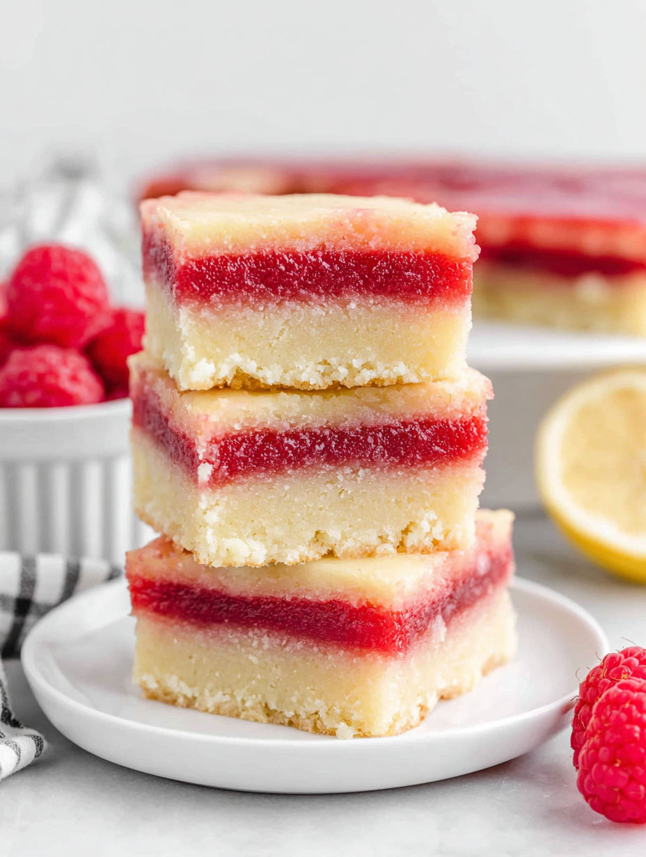 Three layers of lemon raspberry bars.