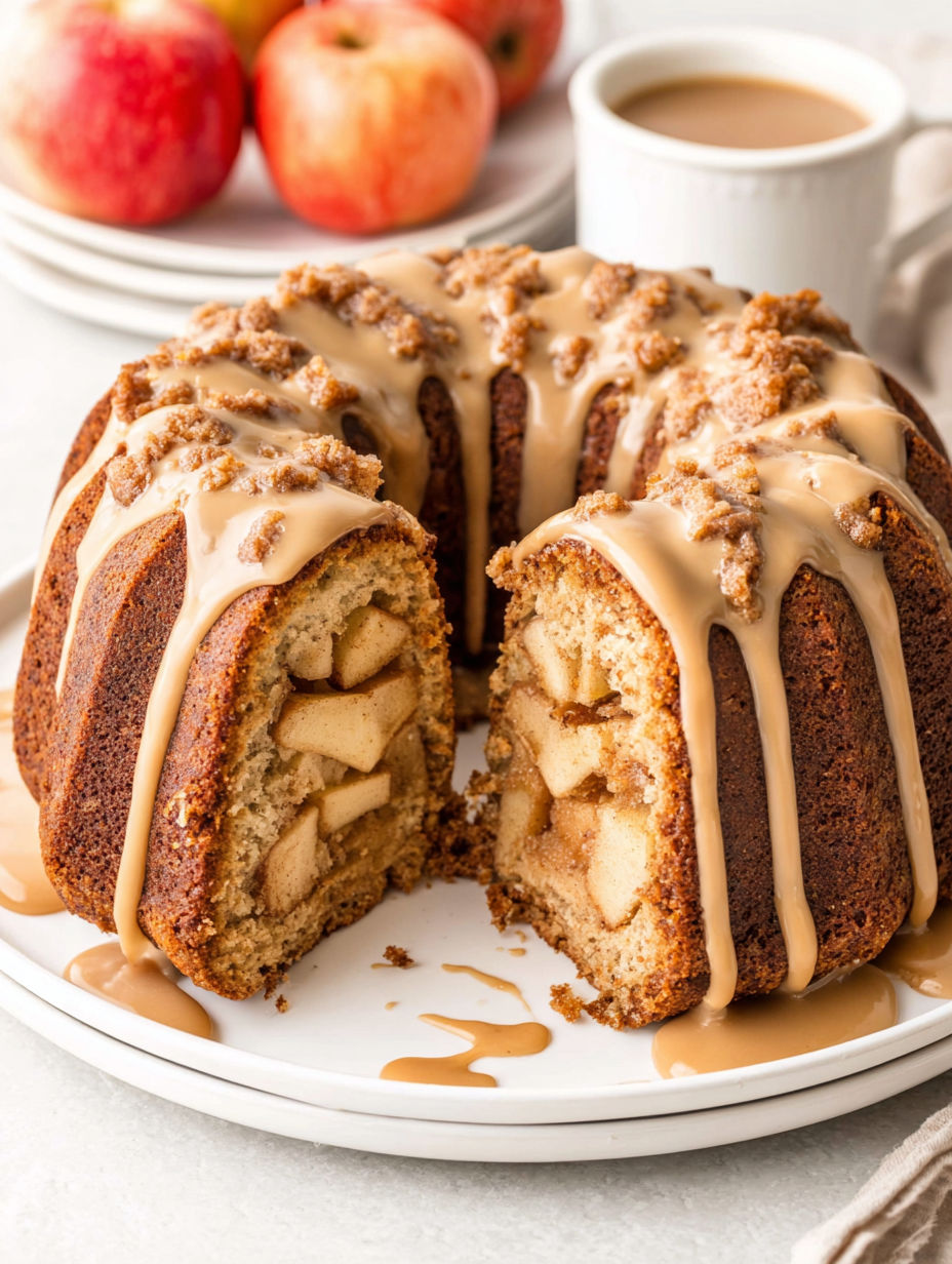 A bundt cake with caramel drizzled on top.