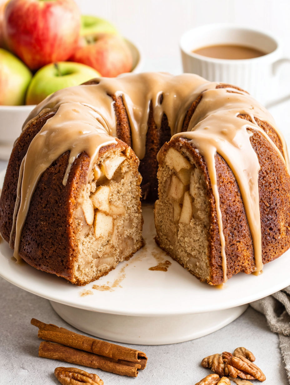 A bundt cake with caramel drizzled on top.