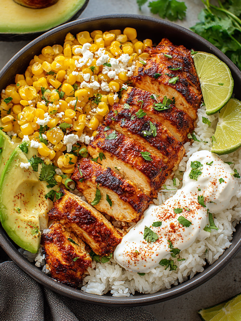 A bowl of food with rice, chicken, corn, and lime.