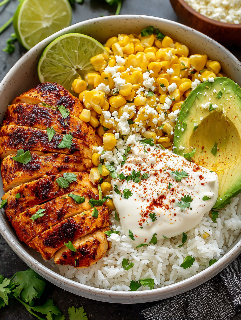 A bowl of food with rice, corn, lime, chicken, and avocado.