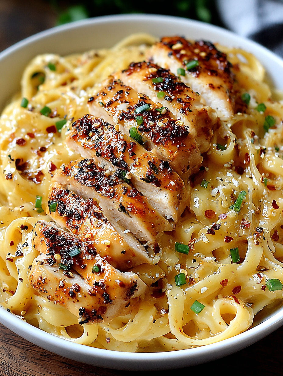 A bowl of pasta with chicken and peppers.