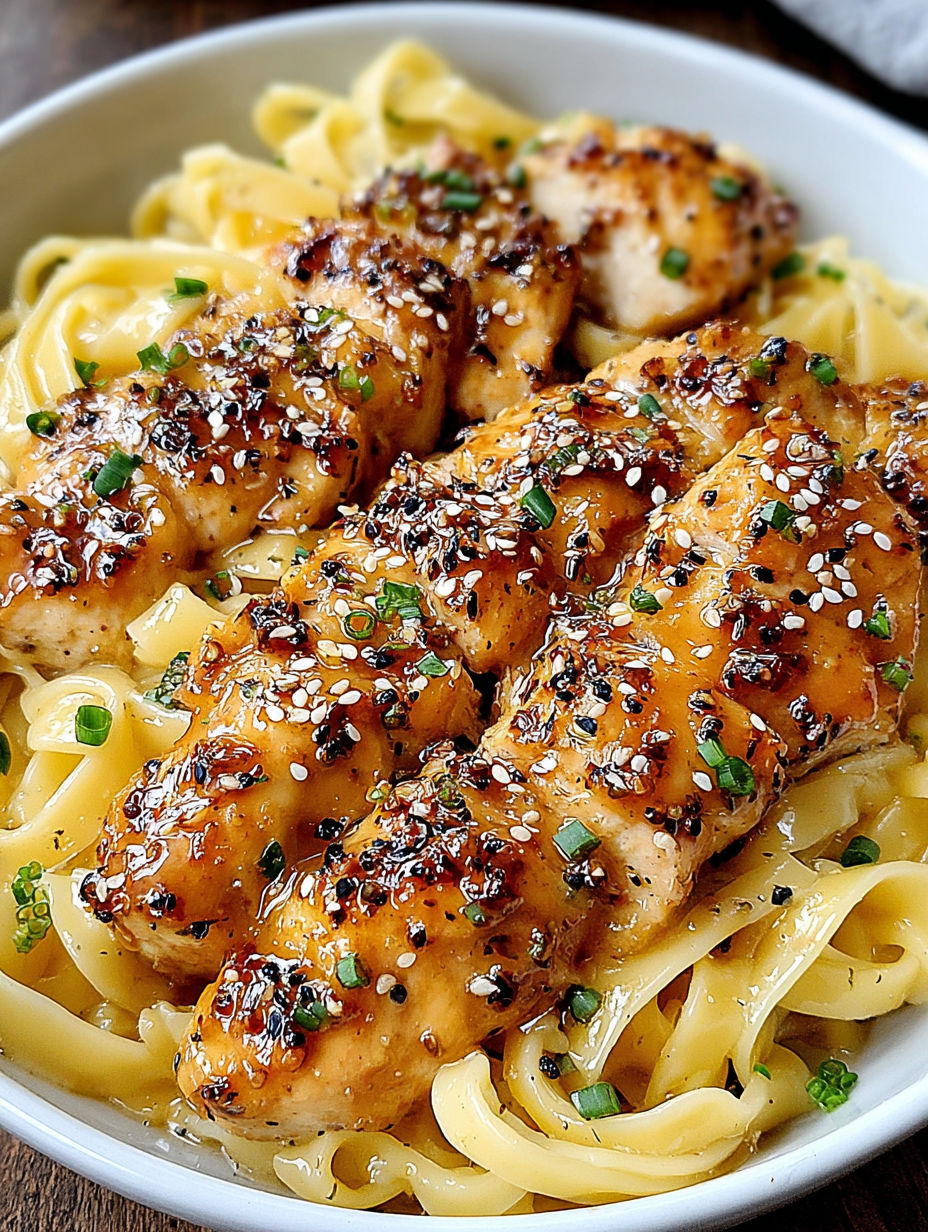 A dish of chicken and pasta with a honey pepper sauce.