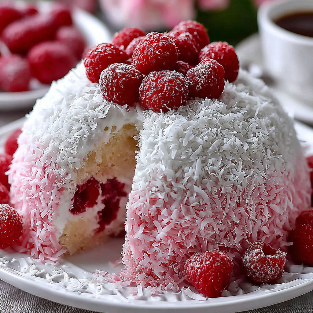A white plate with a slice of a snowball cake on it.