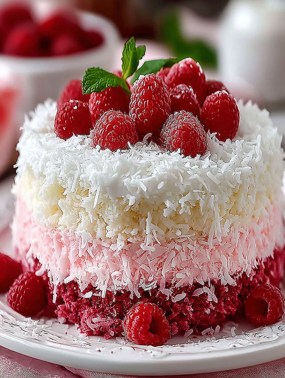 A slice of cake with white frosting and red raspberries.