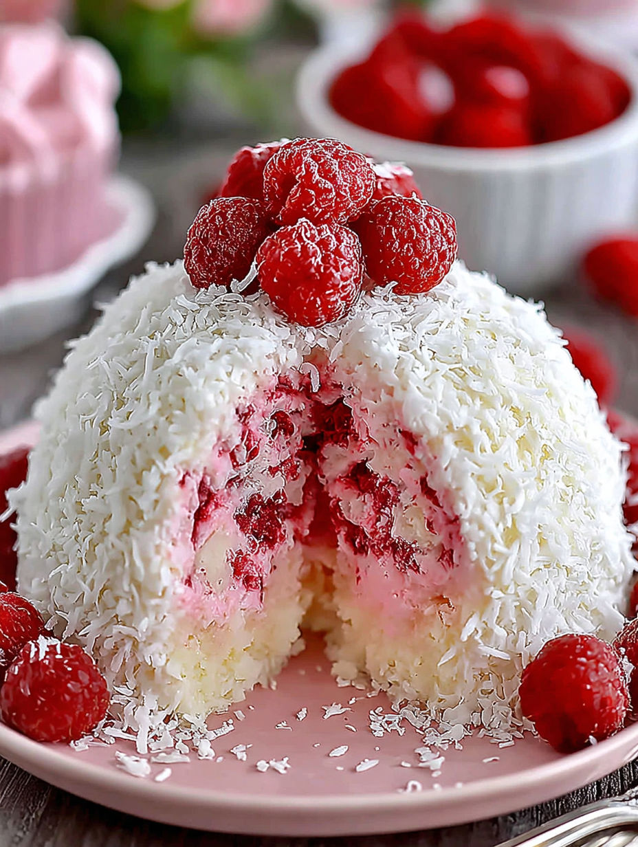A cake with white frosting and red raspberries.