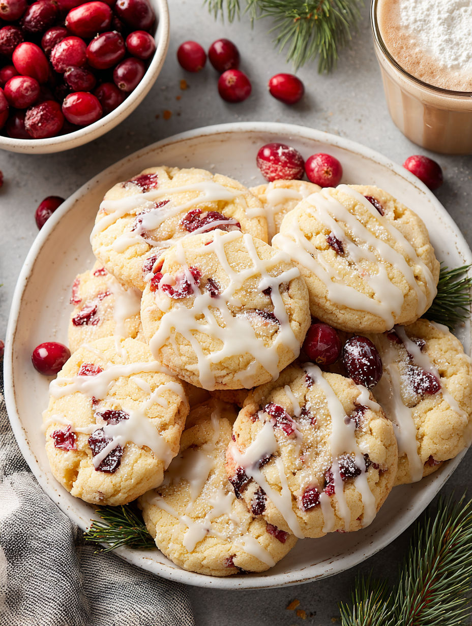 A plate of cookies with white icing and cranberries.