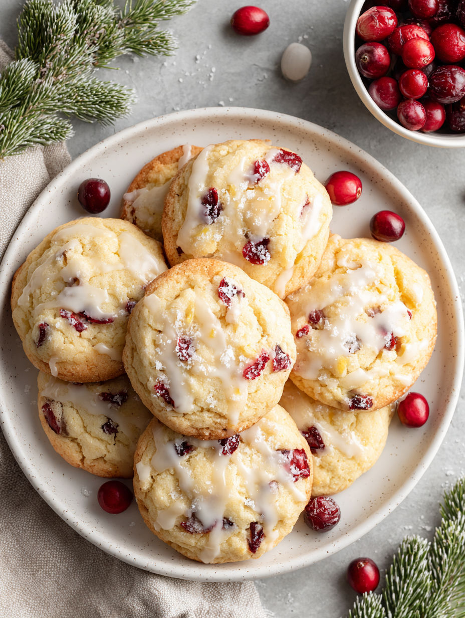 A plate of cookies with cranberries and orange glaze.