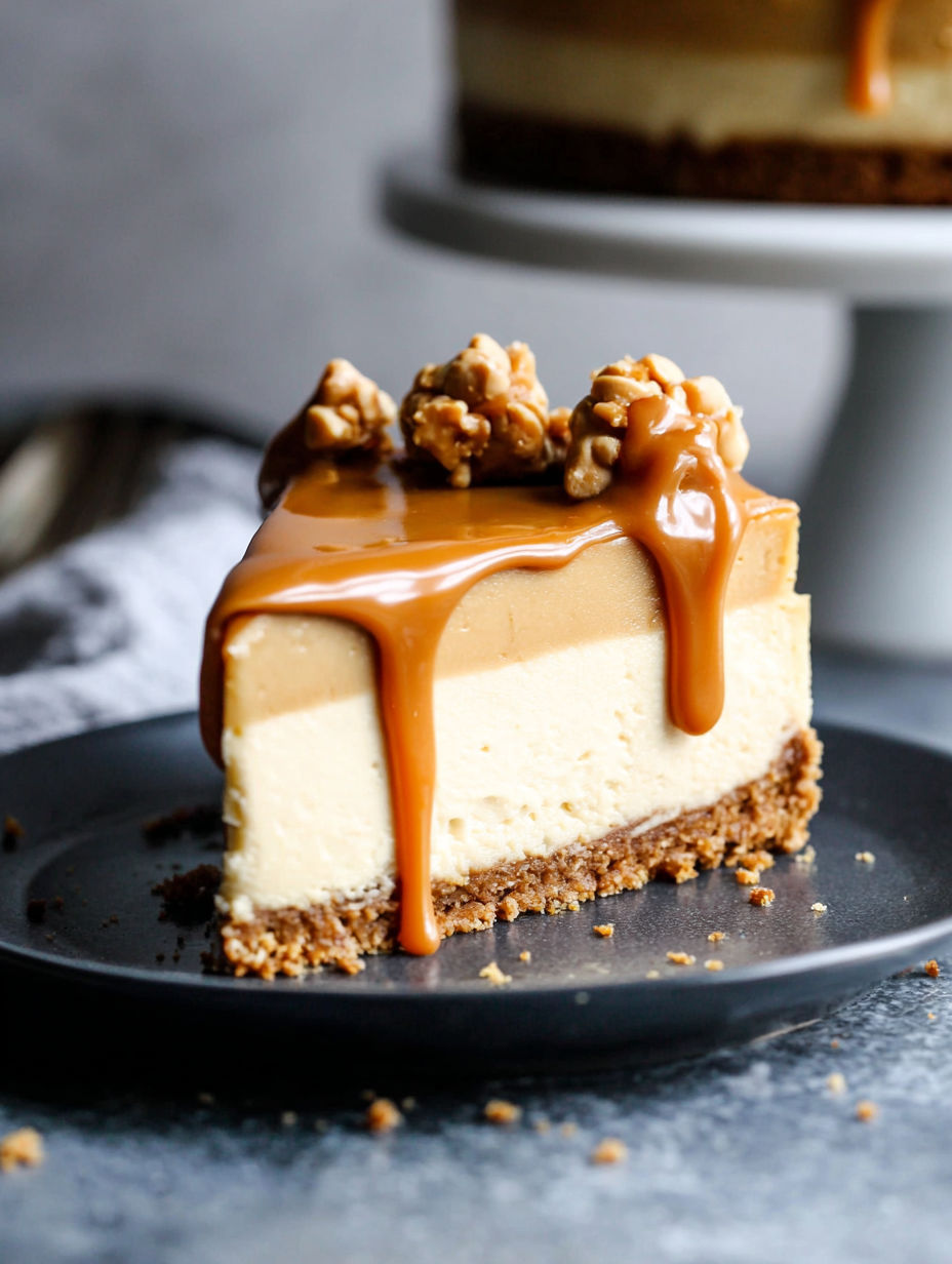 A slice of cheesecake with caramel drizzled on top.
