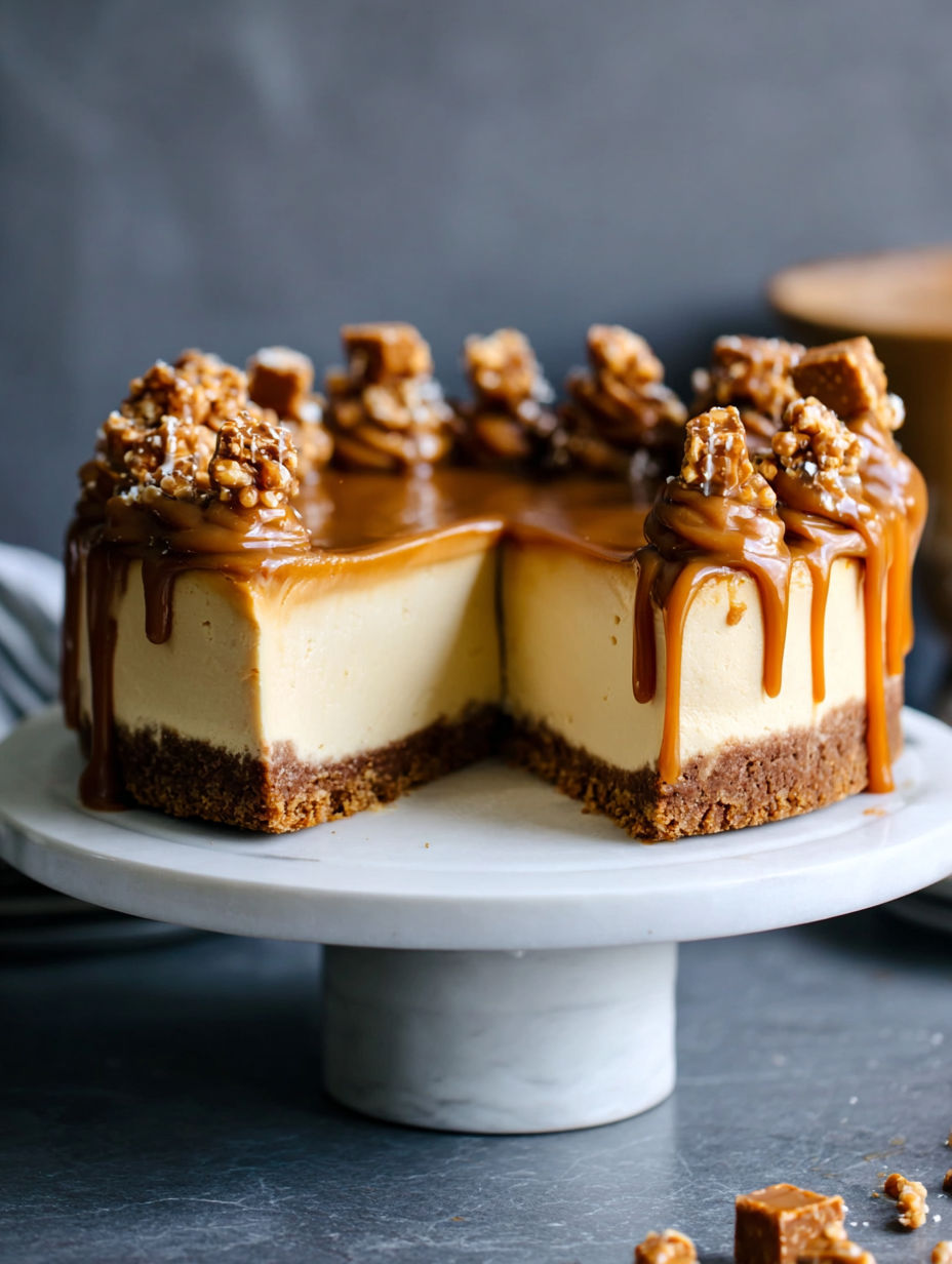 A slice of cake with caramel drizzled on top.