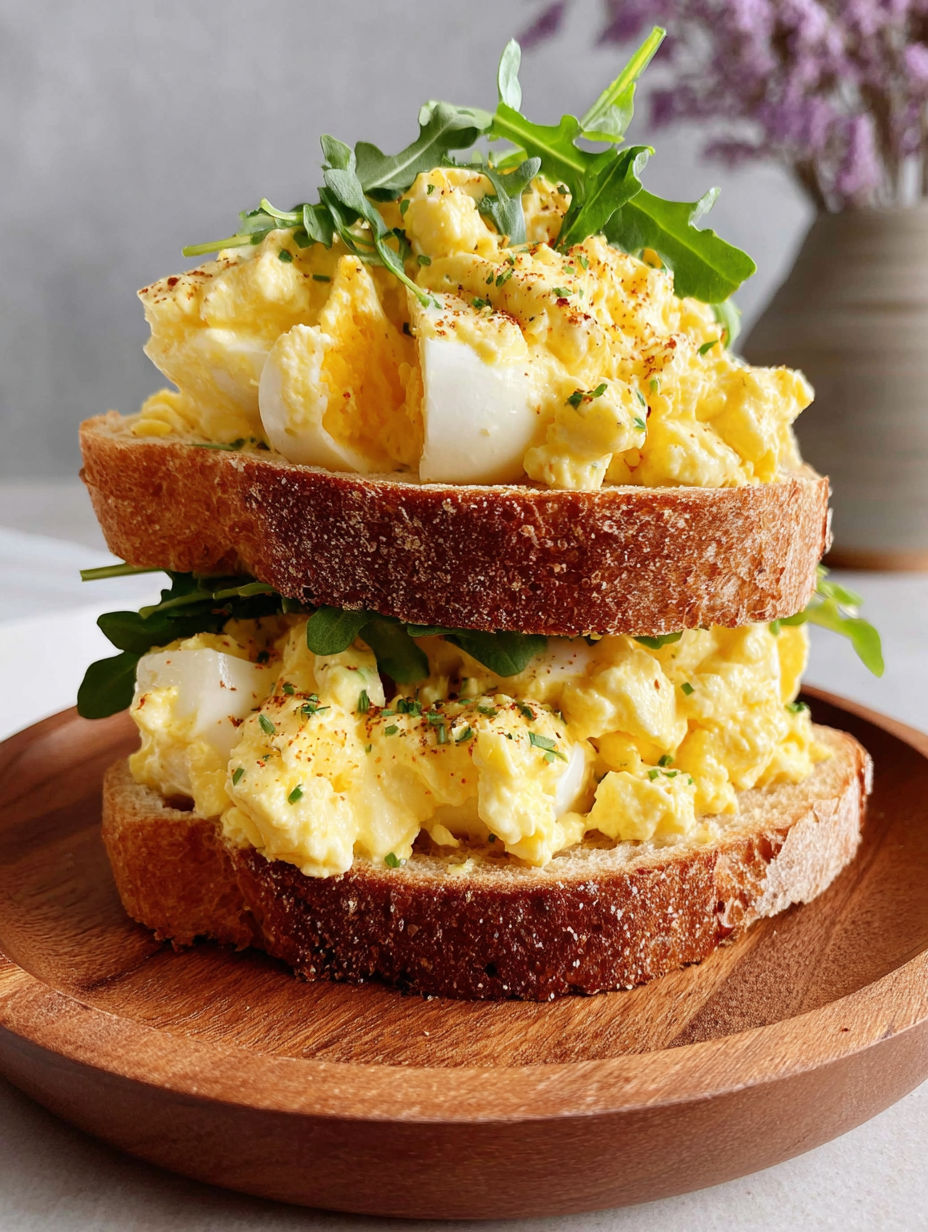 A stack of toast with eggs on top.