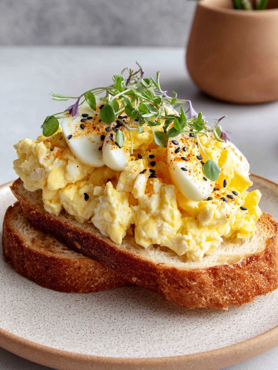 A sandwich with eggs and herbs on top.