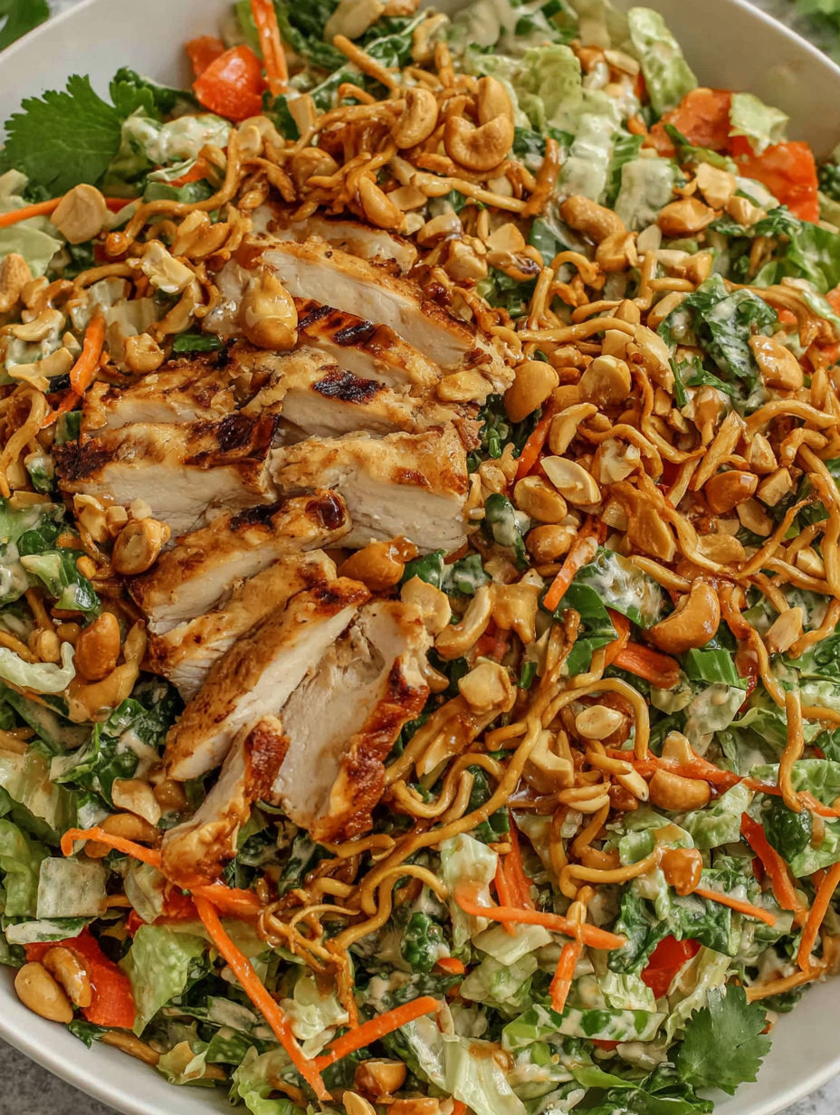 A close up of a chicken cashew crunch salad.