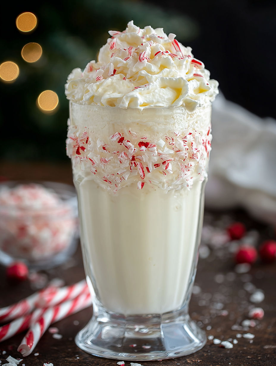 A glass of white cream with red and green stripes.