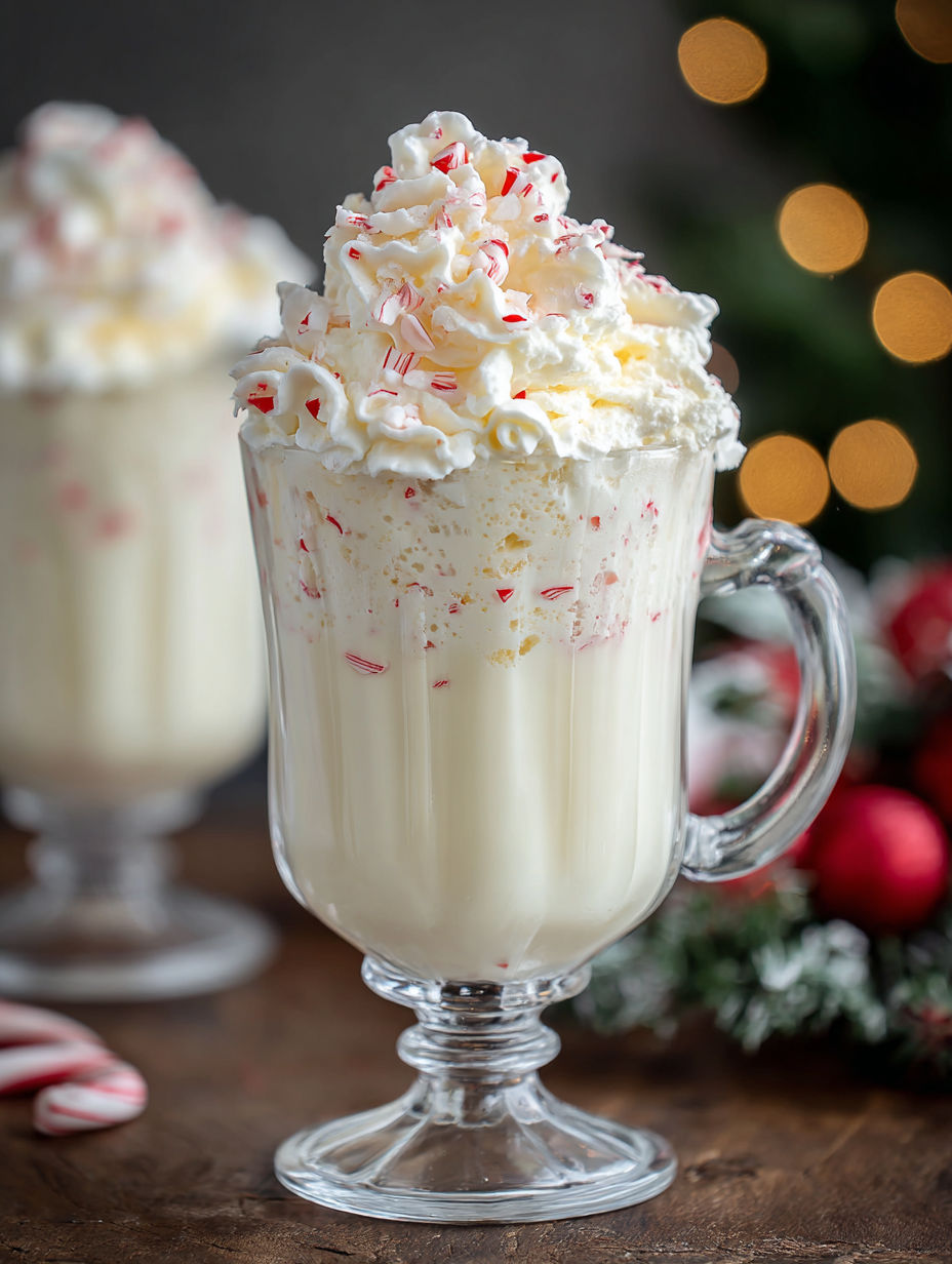 A glass of white cream with red and green stripes and a candy cane.