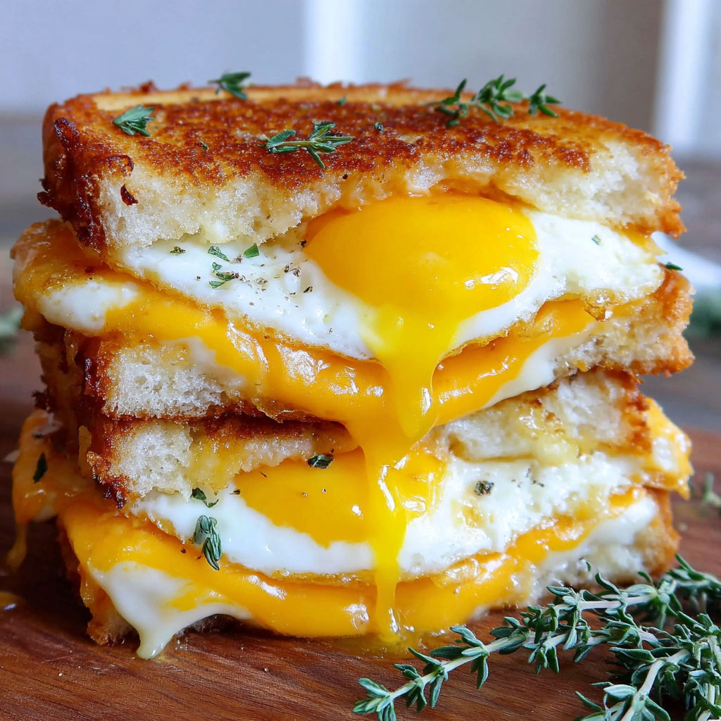 A stack of grilled cheese sandwiches with fried eggs on top.