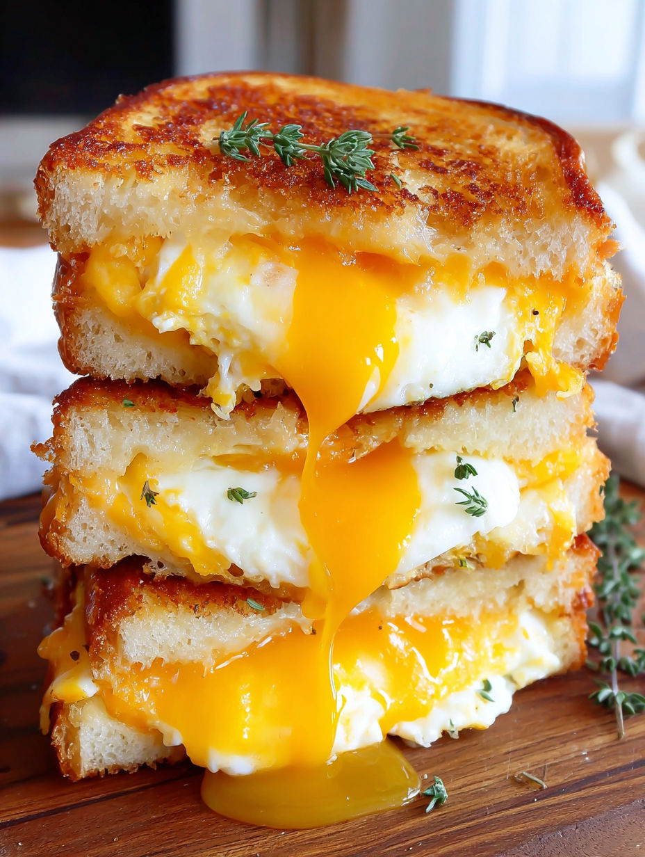 A stack of sandwiches with eggs and cheese.