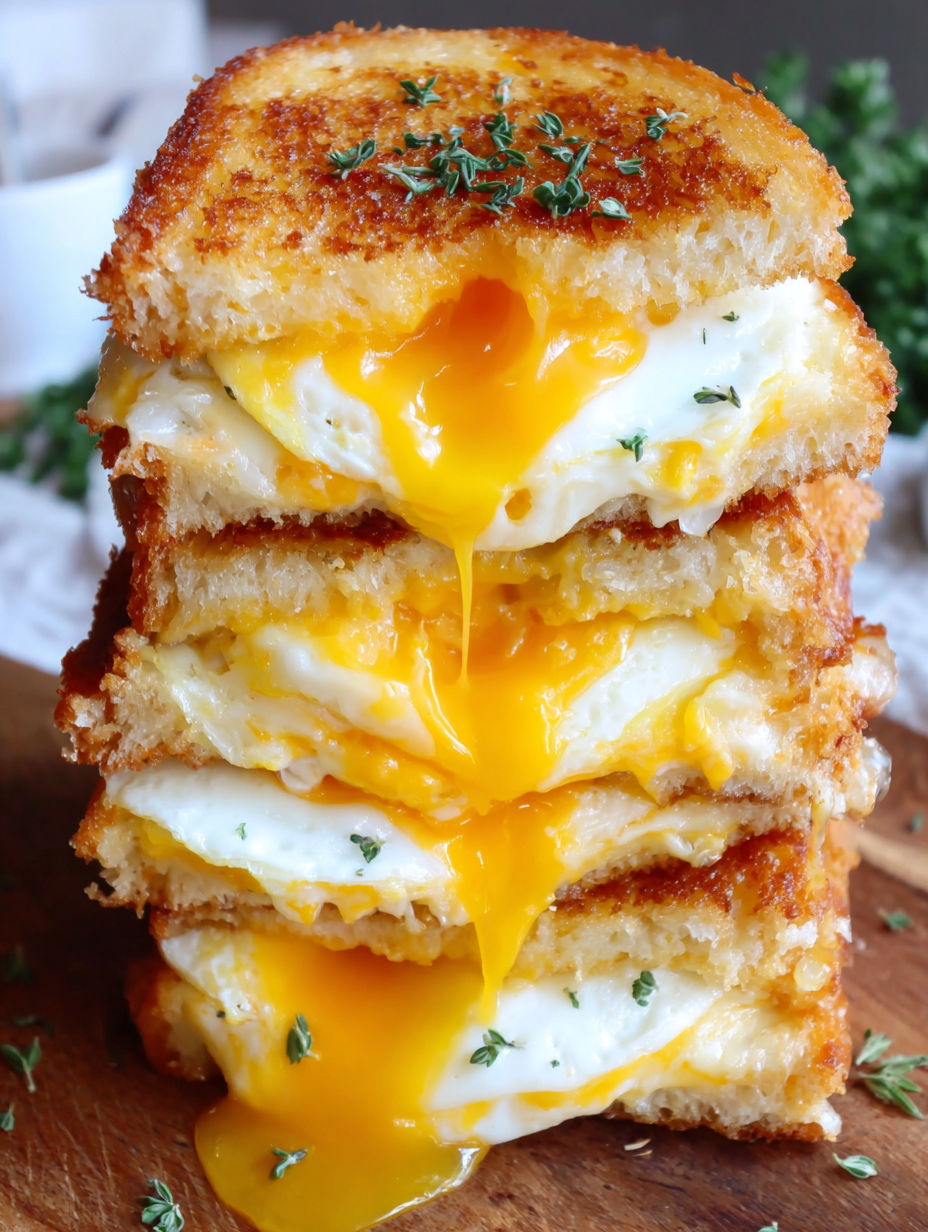 A stack of sandwiches with eggs and cheese.