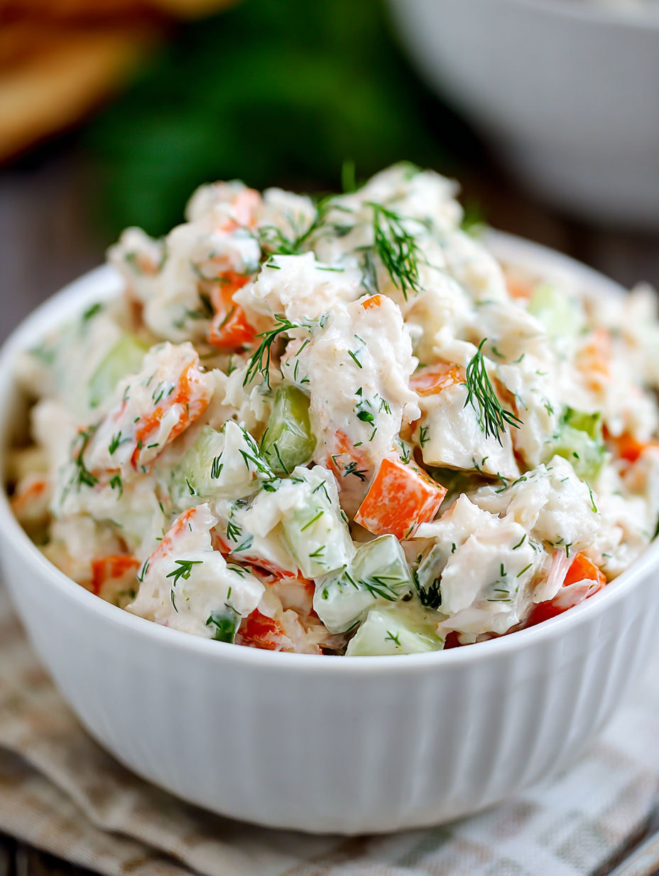 A white bowl filled with a crab salad.