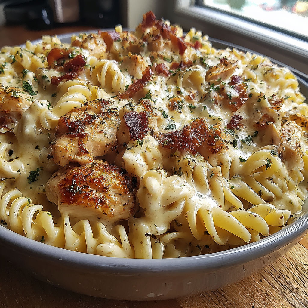 A bowl of chicken bacon ranch pasta.