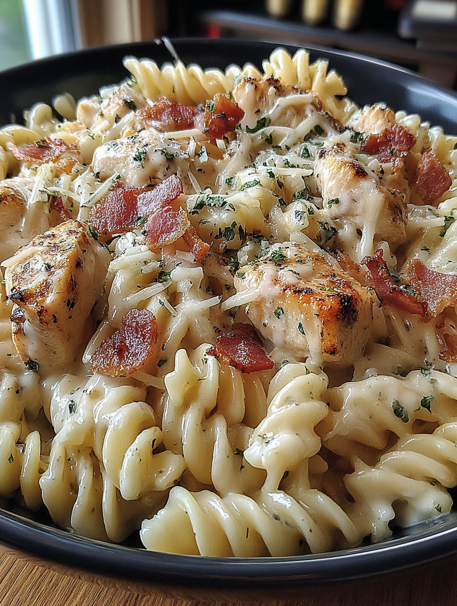 A bowl of chicken bacon ranch pasta.
