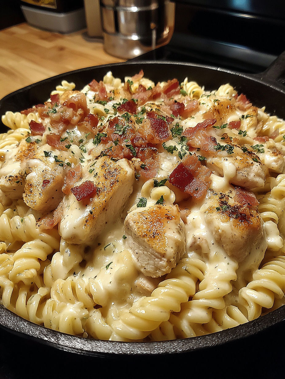 A dish of chicken bacon ranch pasta.