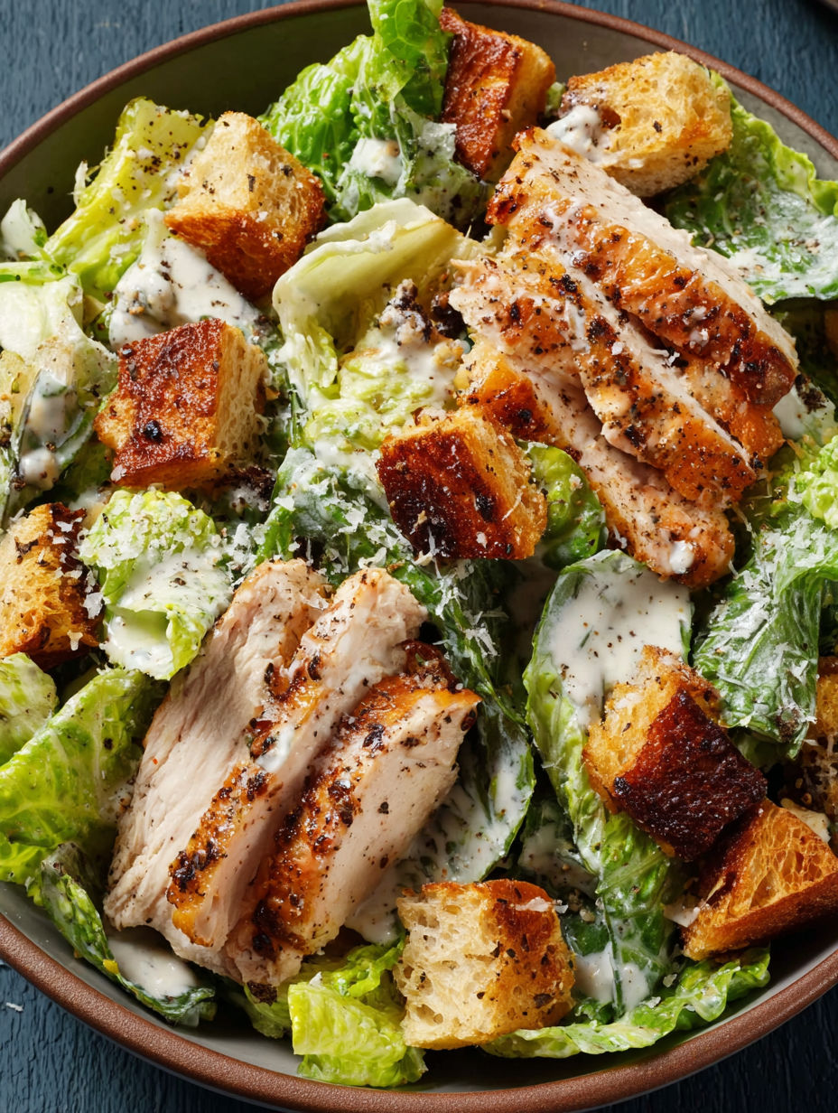 A salad with chicken, bread, and lettuce.