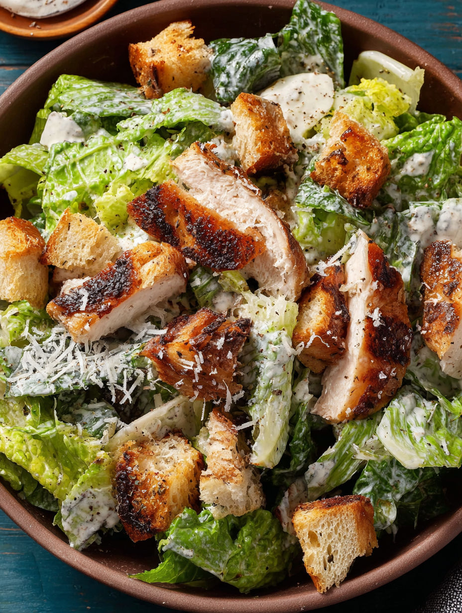 A bowl of salad with chicken and bread.