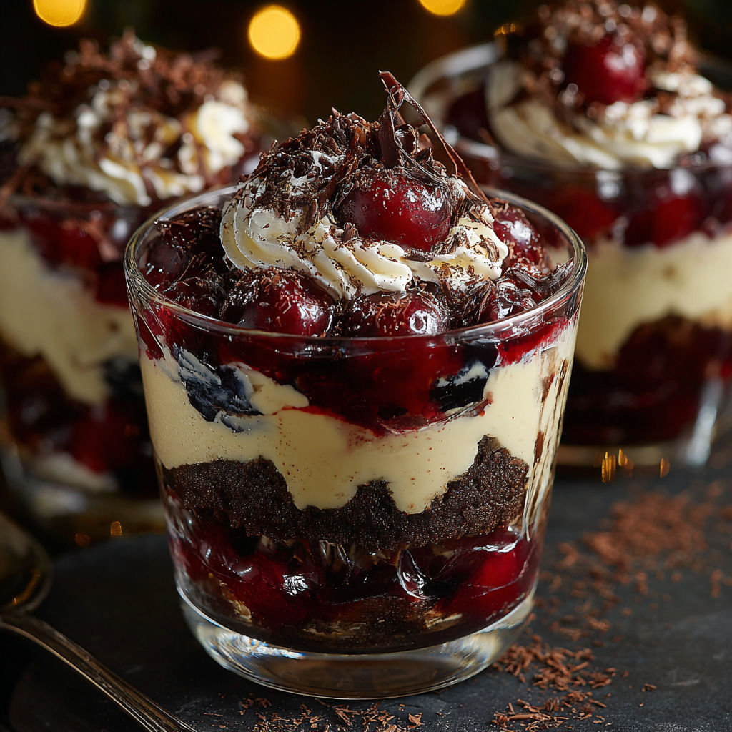 A glass of Black Forest Trifle for Christmas.