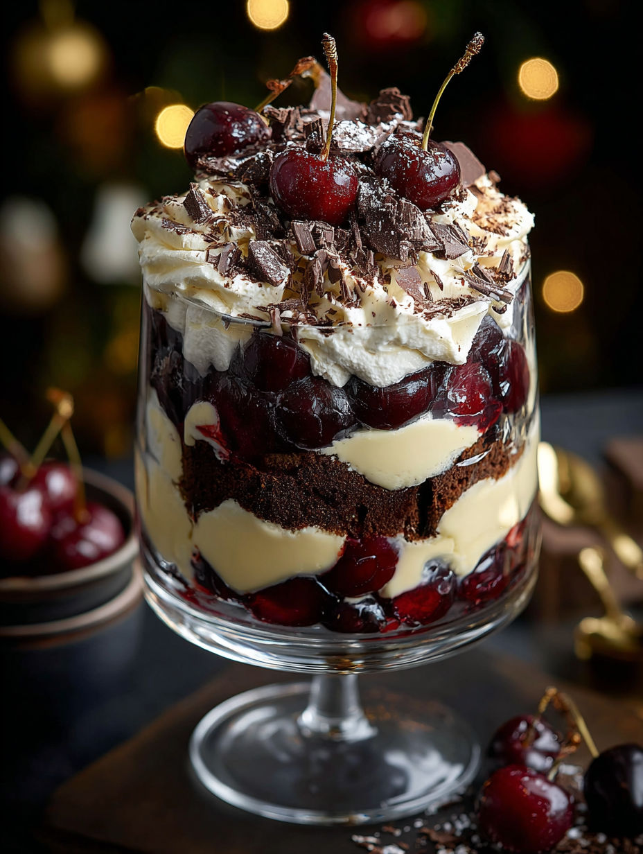 A dessert with chocolate, cherries, and whipped cream.