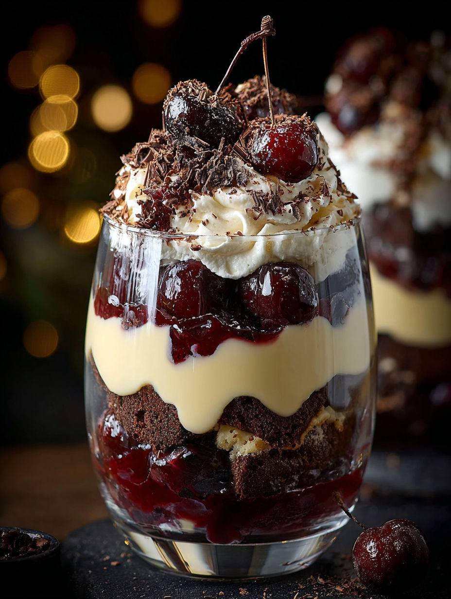 A glass of dessert with chocolate, whipped cream, and cherries.