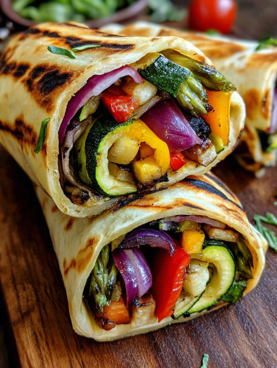 A vegetable wrap with a variety of vegetables including zucchini, peppers, and onions.