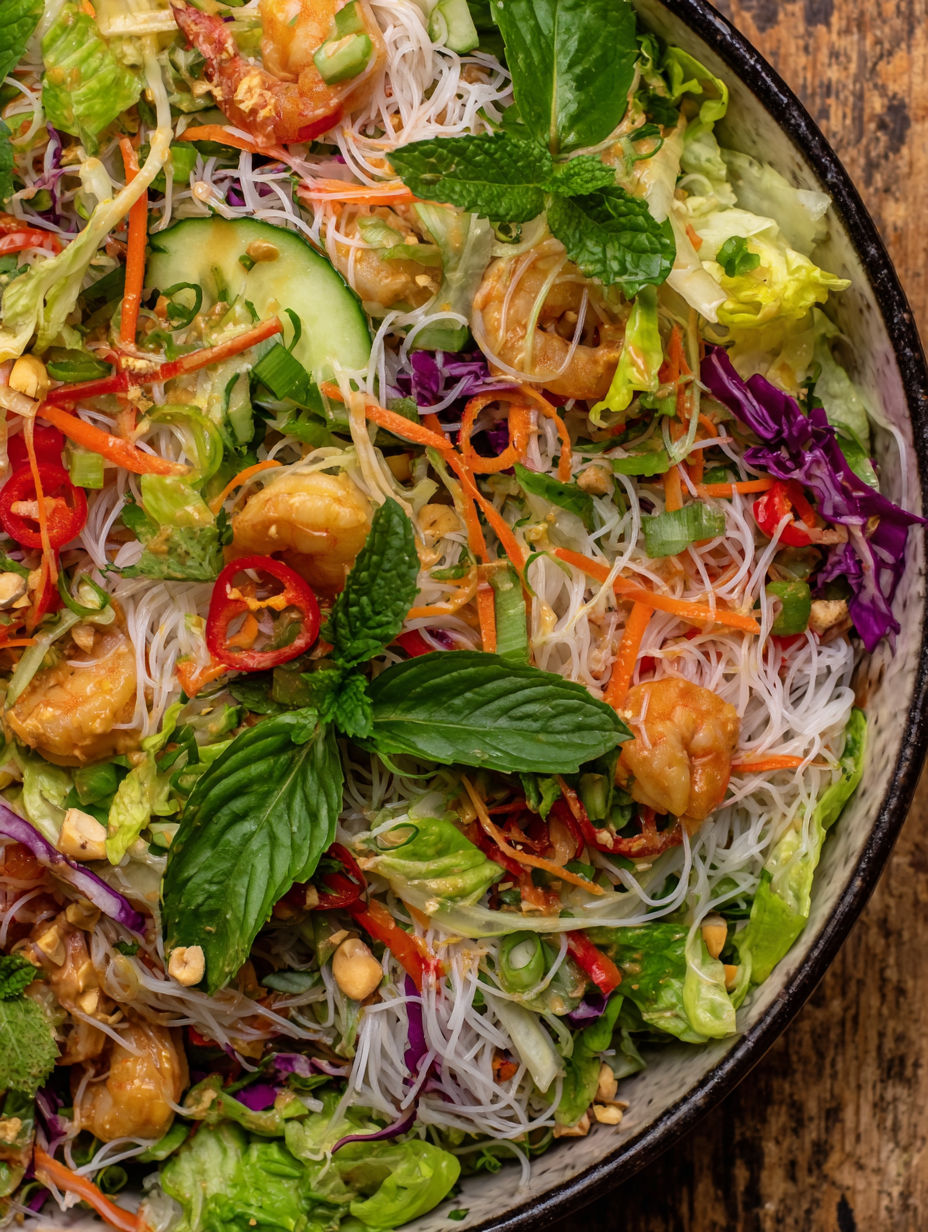 A bowl of shrimp and vegetables.